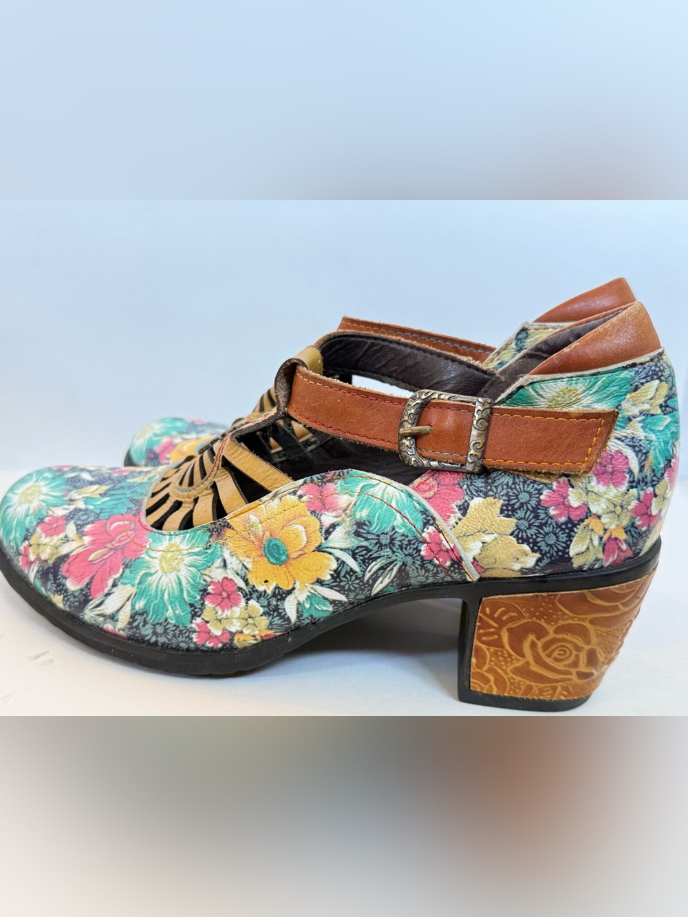 Scof Floral Mary Jane Heels with Brown Strap